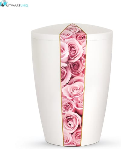 Urn wit parlemoer roze rozen - bio