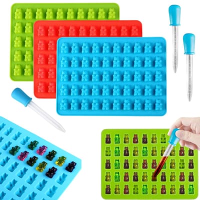 3 stuks Snoepvormen - Koekjesvorm - Bakplaat - Ijsblokjesvorm - Gelei vorm - Beervormige - Siliconen vorm - Inclusief pipet - 50 gaatjes - Voor het maken van chocolade, snoep, pudding, gelei, ijsblokjes (18,8*13,8*0,9 cm - Meerkleurig)