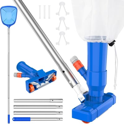 Handle Pool Vacuum & Skimmer Net Set voor Efficiënte Poolreiniging, Verbeterde Draagbare Vacuüm met 4 Secties van 150cm, Perfect voor Kleine Zwembaden, Spa's en Hot Tubs