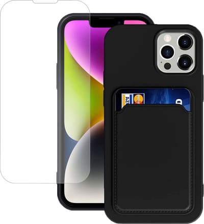 Hoesje Pasjes Houder geschikt voor iPhone 14 + Screenprotector – Gehard Glas Cover - Portemonnee - Kaart houder - Zwart