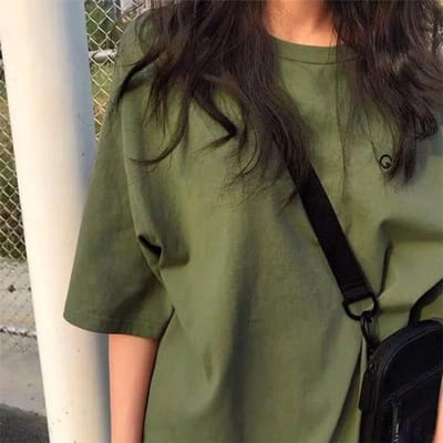 T-shirt Brodé Motif Lettres Coton Uni Simple Respirant T-shirt Femme Décontracté Manches Courtes Hipster Tops d'Été S vert d’armée