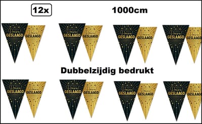12x Luxe Vlaggenlijn Hoera geslaagd 10 meter goud/zwart - dubbelzijdig bedrukt - Jubileum verjaardag thema feest