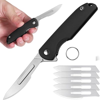 Famanu Handmes Scalpel Small, Zakmes met 5 verwisselbare messen Figuur 24, Safe Liner Lock, Sleutelhanger mes, Mini vouwmes voor vrouwen mannen (A- Zwart)