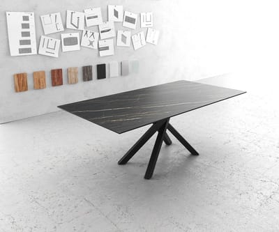 Eettafel Edge Laminam® keramiek bruin 200x100cm middenvoet kruis zwart