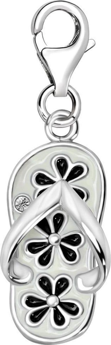 Quiges – 925 - Zilver – Charm - Bedel - Hanger - Slipper met Zwarte Bloemen - met – sterling - zilver - karabijnslot - geschikt - voor - Bedelarmband HC228