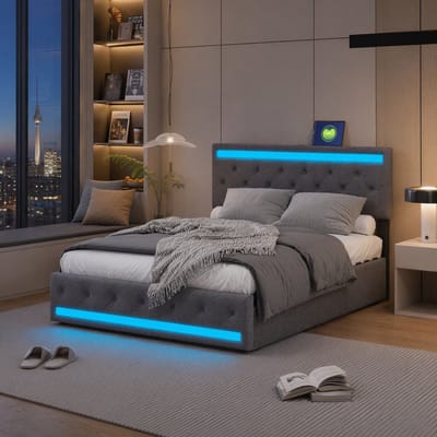 Bedframe 140x200 cm - Grijs Linnen met RGB LED, 4 Opberglades en USB-Oplaadfunctie