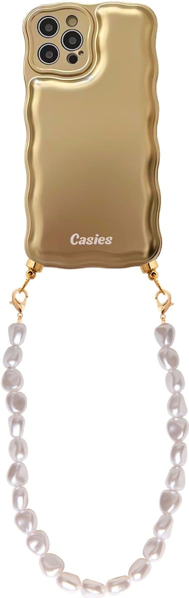 Casies Wavy hoesje geschikt voor Apple iPhone 12/12 Pro met koord - telefoonhoesje met parelkoord - Goud - Cord case