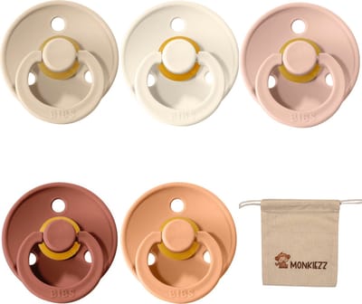 Bibs fopspeen | Met Monkiezz Speenzakje - maat 1 0-6 maanden - 5 stuks - Vanilla - Ivory - Blush - Woodchuck - Peach