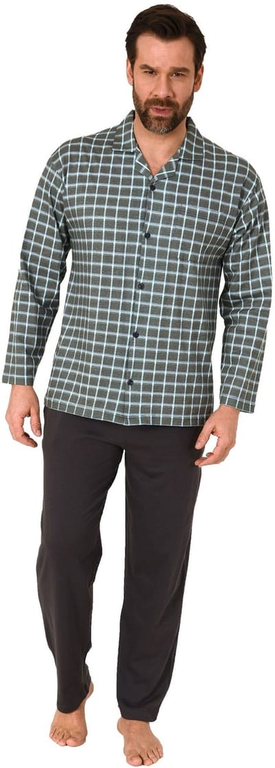 Herenpyjama lange doorknoop in edele ruitoptiek - ook in overmaten