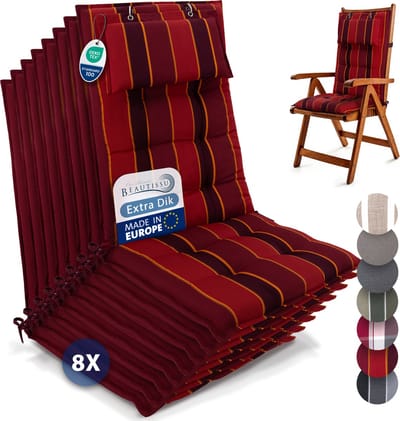 Beautissu Sun-HL – Set van 8 Premium Hoge Rugleuning Stoelkussen 120x50 cm – UV-bestendig – 8cm Dik – met Hoofdkussen & Bevestigingsbanden – Antislip – Rood Gestreept