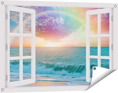 Gards Tuinposter Doorkijk Regenboog in het Water bij het Strand - 90x60 cm - Tuindoek - Tuindecoratie - Wanddecoratie buiten - Tuinschilderij