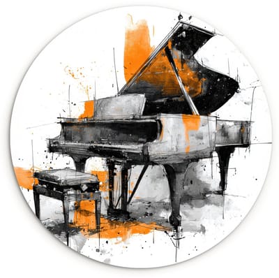 WallCircle® Wandcirkel 120x120 cm - Muurcirkel Piano - Oranje - Zwart - schets lijnen - Muurdecoratie woonkamer - Wanddecoratie slaapkamer - Kamer decoratie accessoires - Ronde schilderijen XXL
