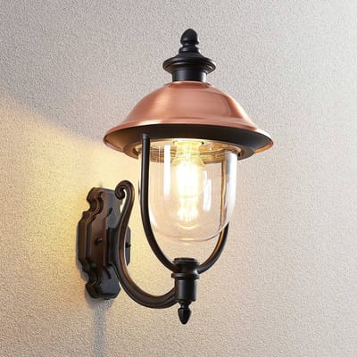 Lindby - Wandlamp buiten - 1licht - Aluminium, koper, kunststof - H: 43.5 cm - E27 - zwart, koper, transparant