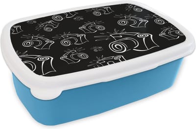 Broodtrommel Blauw - Lunchbox - Brooddoos - Camera - Patronen - Zwart Wit - 18x12x6 cm - Kinderen - Jongen