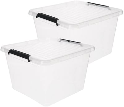 5Five opberg kist met deksel - 2x - Clip Box - 32 liter - 39 x 39 x 26 cm - kunststof - transparant