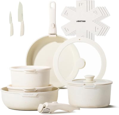 Pannenset - 17-delig - Kookset met Afneembare Handgreep - Inductie Pannenset - Antiaanbaklaag - Stapelbaar - Ruimtebesparend - Ovenbestendig - Koekenpannen & Kookpannen - PFOA-vrij - Voor Camper, Caravan & Keuken - Inclusief Deksels - Zwart