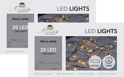 Anna's Collection Kerstverlichting - 2x - warm wit -150 cm - 20 leds - zwart snoer - batterij