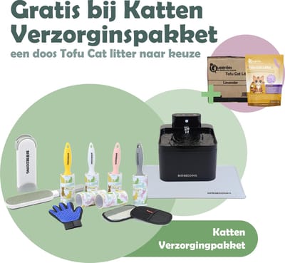 Katten Verzorgingspakket Compleet - Drinkfontein - Borstels - Voermat - Incl Gratis DOOS Tofu Kattenbakvulling Lavendel 15 KG