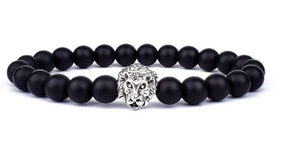TVR-Wares® | Kralen armband Matte zwart leeuw zilver 6mm | zwart | maat M | 19cm