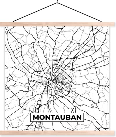 Posterhanger incl. Poster 40x40 cm - Schoolplaat - Frankrijk - Kaart - Montauban - Plattegrond - Stadskaart - Zwart wit - Textielposter - Blanke latten - Stadskaart