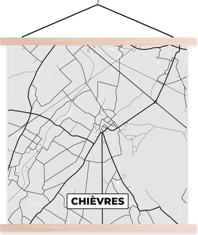Posterhanger incl. Poster 40x40 cm - Schoolplaat - Plattegrond – Chièvres – Zwart Wit – Stadskaart - Kaart - Textielposter - Blanke latten - Stadskaart