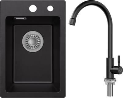CECIPA max Granieten Spoelbakken 30x45cm Zwart - Spoelbakken Keuken Met Koudwater Keukenkraan- Wasbak Keuken - Met Kraangat - incl. Afvoerzeefje en Sifon