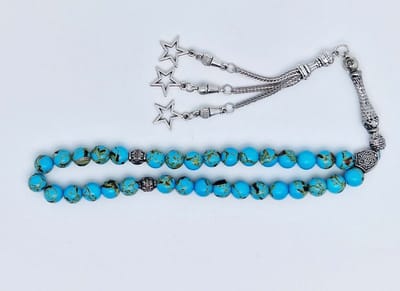 Handgemaakte tesbih klassiek - "Tasbih" natuursteen "Turkoois bakeliet" - Aantal kralen 33 - Diameter kralen 8 MM - met metaal tassel "Sterren" - Een mooi cadeau-idee
