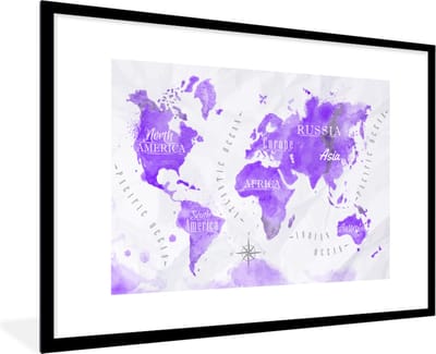 Poster in lijst - Fotolijst 90x60 cm - Posters - Wereldkaart - Olieverf - Paars - Posterlijst zwart - Decoratie - Wanddecoratie woonkamer - Muurdecoratie slaapkamer