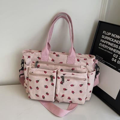 Corduroy Tas met Kersenprint Veelzijdige Dames Aardbei Schoudertas Crossbodytas Grote Capaciteit Mama Tas gray