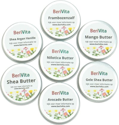 Probeerset Butters voor Huid en Haren - 7x10ml Blikjes - Avocado Butter, Mango Butter, Nilotica Butter, Shea Butter, Gele Shea Butter, Shea met Arganolie en Frambozenzalf