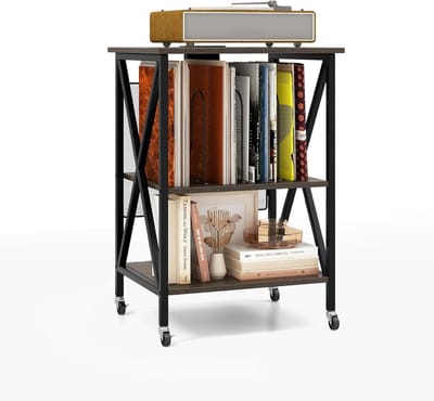 COSTWAY Draaitafel standaard, rolstandaard met geïntegreerd laadstation, wielen en metalen frame, vinyl opbergkast voor werkkamer, woonkamer 52 x 45 x 75 cm (grijs)