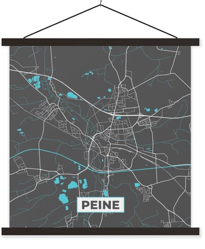 Posterhanger incl. Poster 60x60 cm - Schoolplaat - Plattegrond – Peine – Blauw – Stadskaart – Kaart - Duitsland - Textielposter - Zwarte latten - Stadskaart