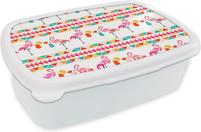 Broodtrommel Wit - Lunchbox - Brooddoos - Flamingo - Zomer - Cocktail - Patroon - 18x12x6 cm - Volwassenen