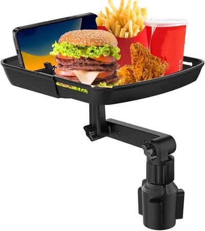 Larger Car Food Tray met 3-in-1 Cup Holder, 360° Rotatable en Telefoonhouder voor Road Trips en Eten onderweg
