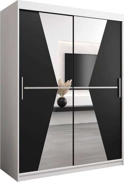 InspireMe - Kledingkast met 2 schuifdeuren, Modern-stijl, Een kledingkast met planken en een spiegel (BxHxD): 150x200x62 - TOTO 150 Wit Mat + Zwart met 2 lades