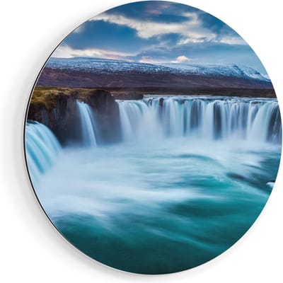 Artaza Dibond Muurcirkel - Watervallen In Het Blauw Groene Water - Ø 90 cm - Groot - Wandcirkel - Rond Schilderij - Voor Binnen en Buiten