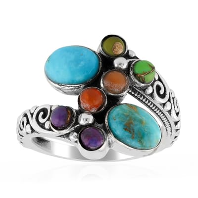 Cavill - Verstelbare Zilveren Ring - 925 Sterling Zilver - Blauwe, Groene en Paarse Kingman Mohave Turkoois - 2,63 ct - Boho Vintage Sieraad