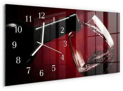 Tulup Wandklok - Wijnglas Decoratieve Glazen Klok - 60x30 cm - Rood Glazen Wandklok Design - Witte Handen - Rechthoekige Wandklok - Moderne Wandklok Glas - Wandklok Glas Decoratie