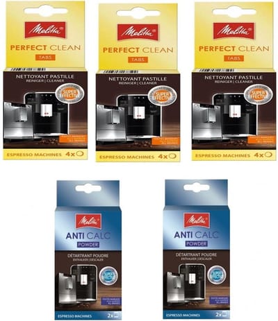 Melitta onderhoudset - 2 doosjes MELITTA ontkalkingspoeder + 3 doosjes MELITTA Perfect Clean reinigingstabletten