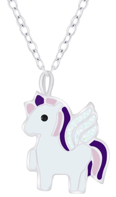 Joy|S - Zilveren eenhoorn hanger met ketting unicorn wit paars 36 cm + 5