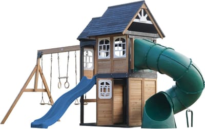 AXI Noud Speeltoestel met Speelhuis, Schommels, Trapeze, Klimwand – Met Bank – Blauwe Glijbaan – Met Buisglijbaan - FSC 100% hout – Speeltoestel voor de tuin / buiten