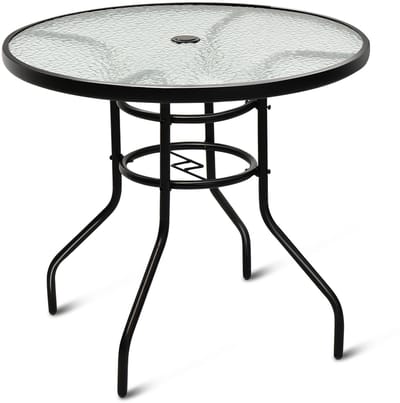 COSTWAY Tuintafel met parasolgat, 80 x 80 x 71 cm, terrastafel met tafelblad van gehard glas en metalen frame, ronde balkontafel, outdoor-eettafel voor terras, tuin, balkon