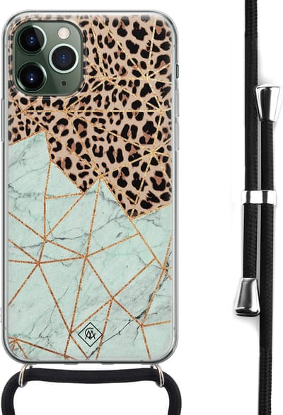 Casimoda® hoesje met koord - Geschikt voor iPhone 11 Pro - Luipaard Marmer Mint - Afneembaar koord - Siliconen/TPU - Bruin/beige