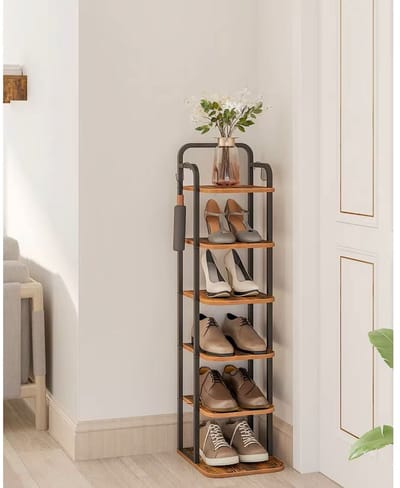 Venzor - Verticaal Schoenenrek – 30 x 26,5 x 101 cm - 7‑Laags Schoenenorganizer voor Kleine Ruimtes – Vrijstaand Houten Schoenenkastje – Greige