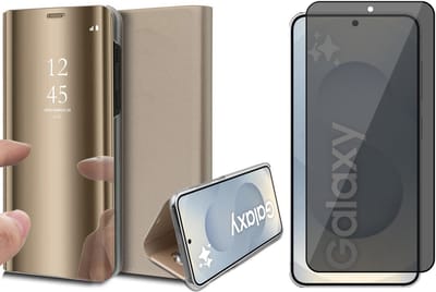Hoesje geschikt voor Samsung Galaxy S25 - Privacy Screenprotector Volledig Dekkend Glas - Spiegel Book Case Goud