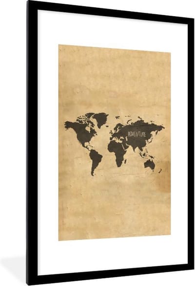 Poster in lijst - Fotolijst 60x90 cm - Posters - Wereldkaart - Vintage - Papyrus - Spreuk - Posterlijst zwart - Decoratie - Wanddecoratie woonkamer - Muurdecoratie slaapkamer