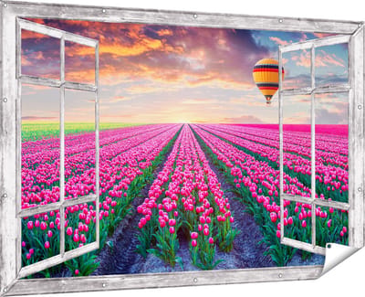 Gards Tuinposter Doorkijk Bloemenveld met Roze Tulpen - Luchtballon - 180x120 cm - Tuindoek - Tuindecoratie - Wanddecoratie buiten - Tuinschilderij