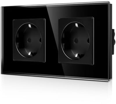 Dubbel inbouwstopcontact met glazen frame en kinderbeveiliging - 16A Schuko wandcontactdoos zwart