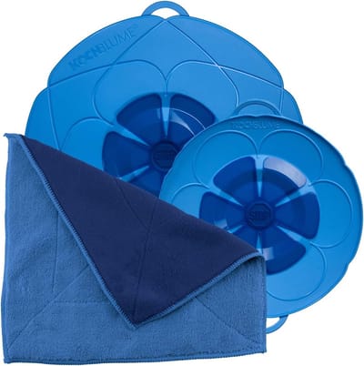 Spaarset voor steelpannen van 14 tot 24 cm met microvezeldoek in roze doos, siliconen overkookbeveiliging voor potten en pannen