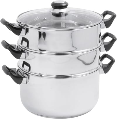 DailySupplies® Stoompan - Stoommandje - Stoofpan met Deksel - 3 Laags - Zilver met Zwart